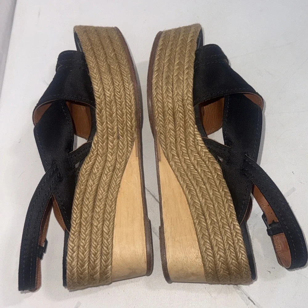 Vintage Y2K Lanvin Black Leather Platform Wood Jute Espadrille Wedge Shoes 40
